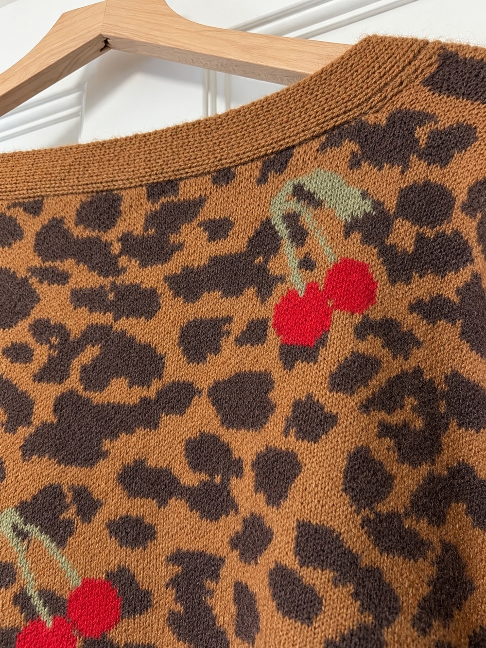 NWT Cider Brown Leopard V-Neck Cardigan with Red Cherry Novelty Print - Picture 5 of 7